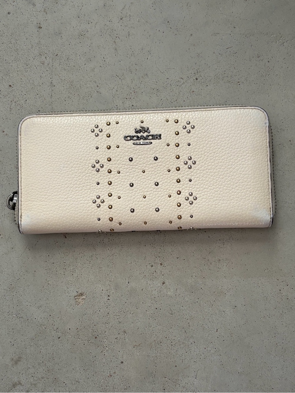 Coach Off White Chalk Studded Leather Accordion Zip Wallet